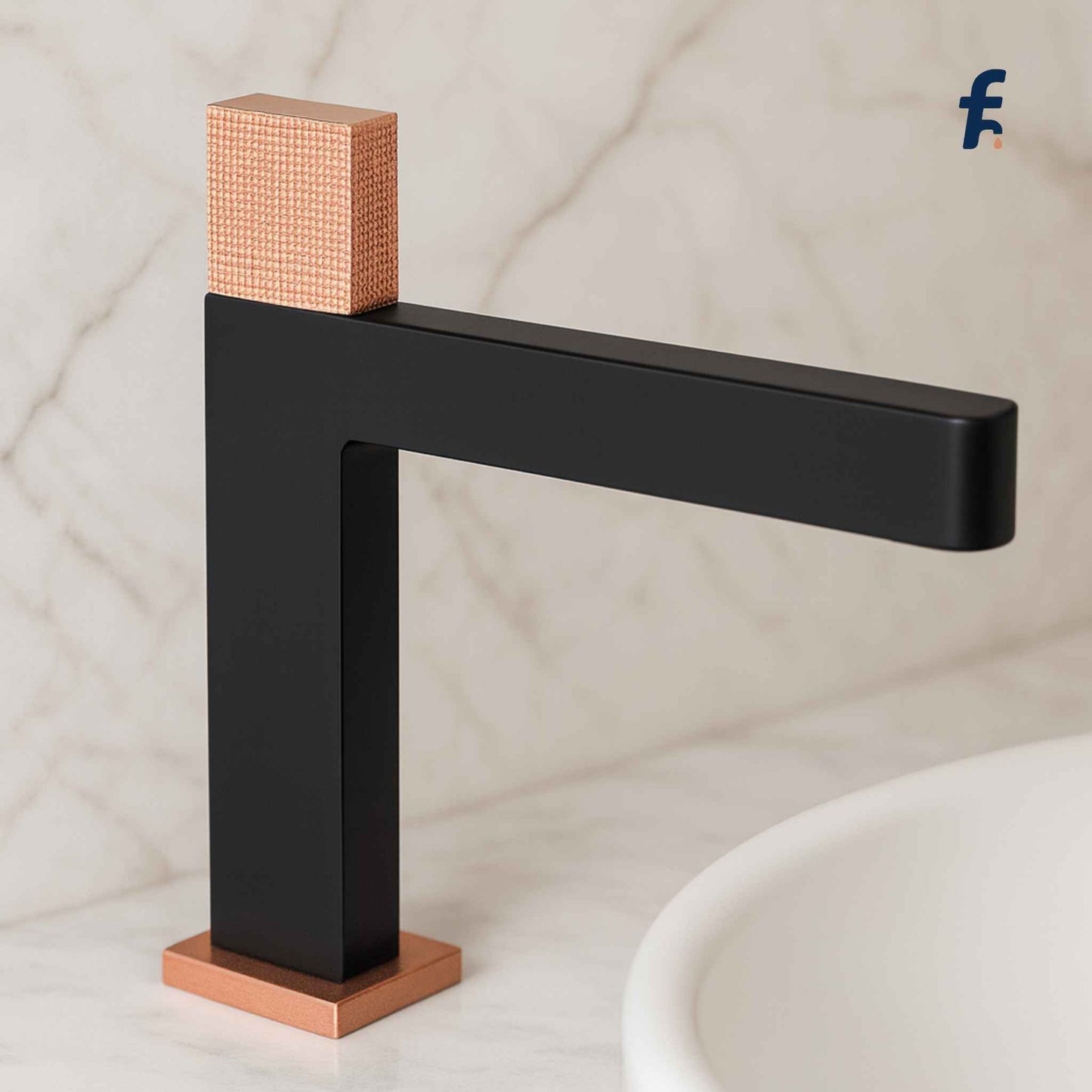 Black faucet with copper accents on a marble background, Luxury single lever slim faucet for high-end bathroom interiors