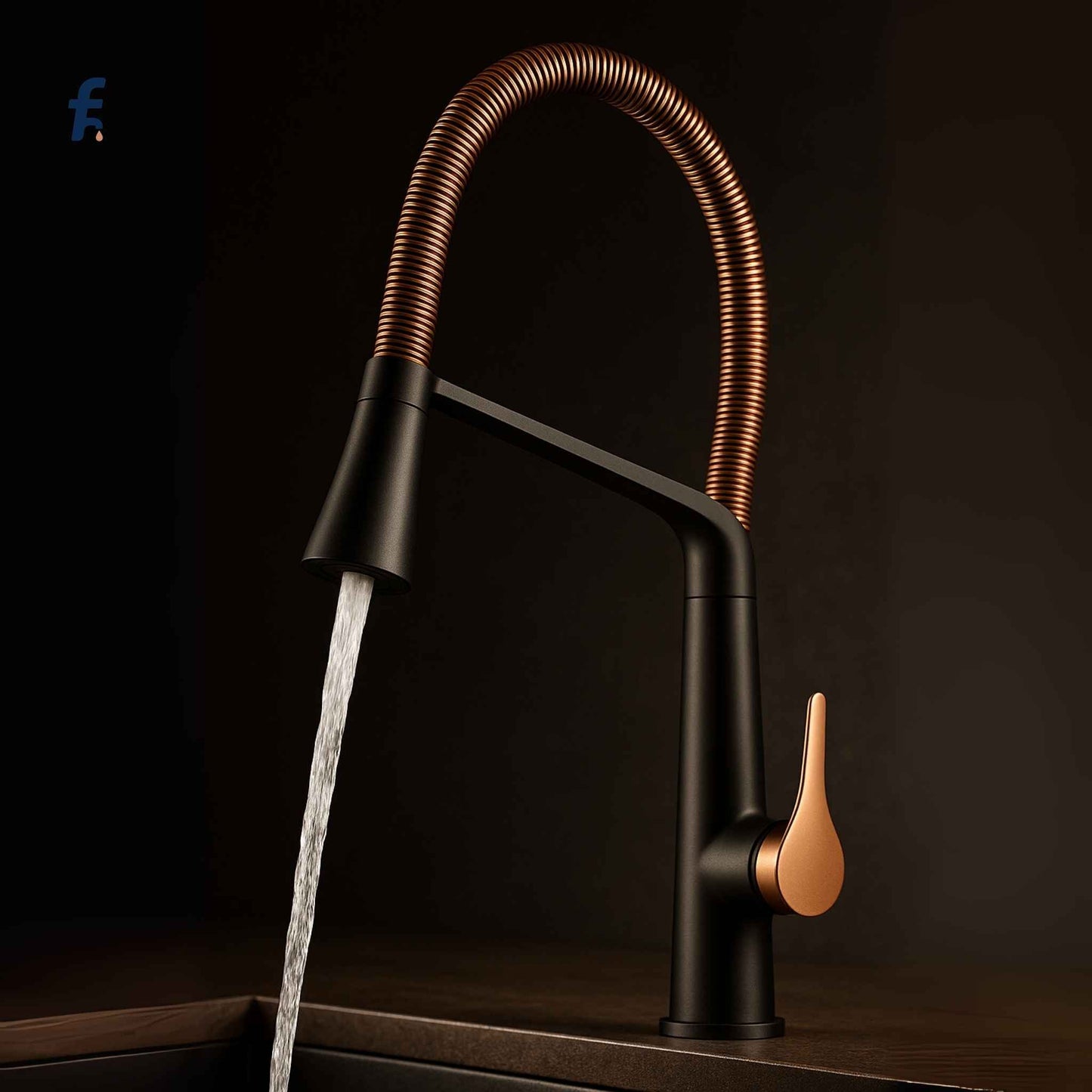 Luxury rose gold and black pull-down faucet in use with water flowing from flexible hose over sink