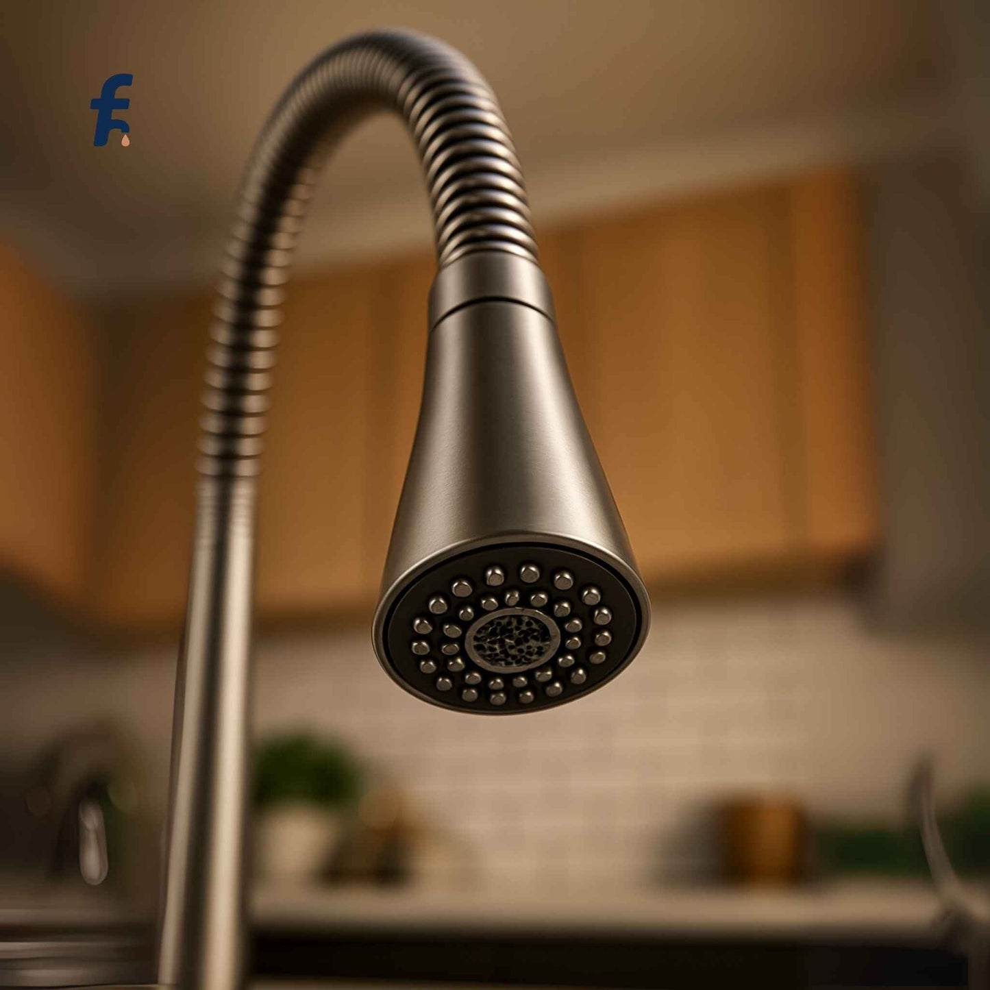 Matte steel kitchen faucet with flexible pull-out hose in use