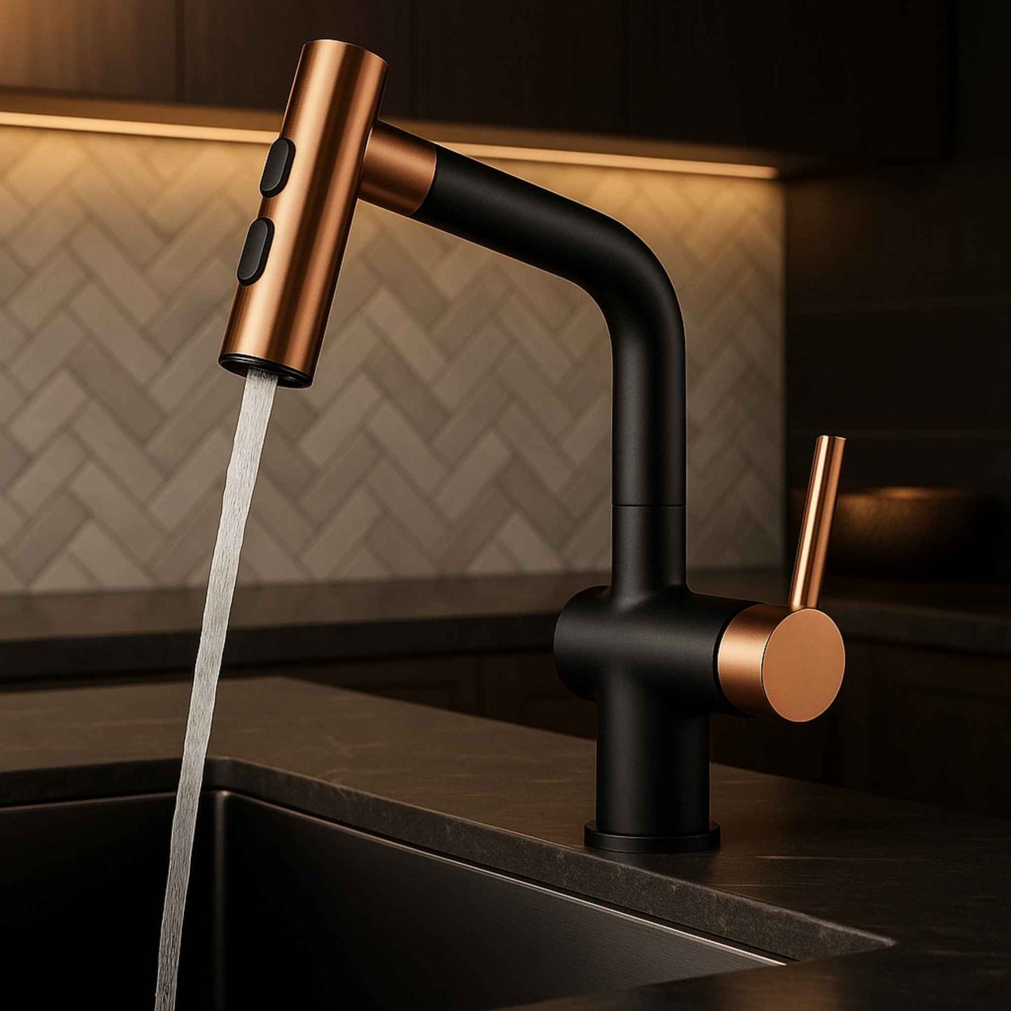 Modern kitchen faucet with water flowing in a darkly lit setting
