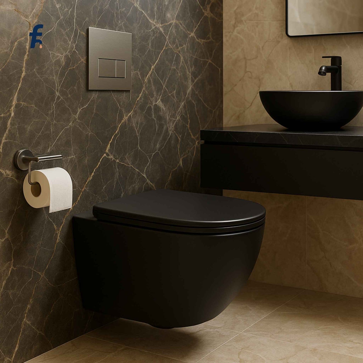 Modern bathroom with black wall-mounted toilet and sink against a marble wall.