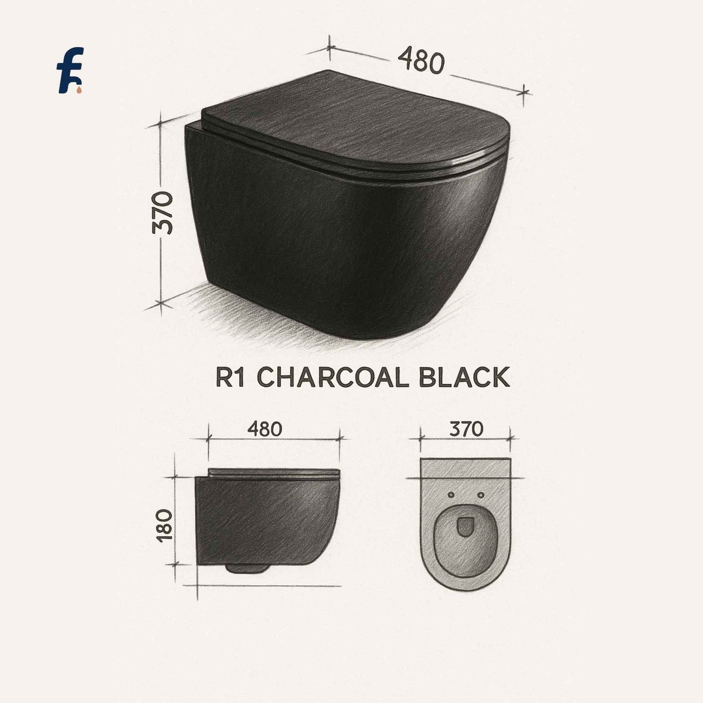 Wall-mounted toilet with dimensions labeled on a white background