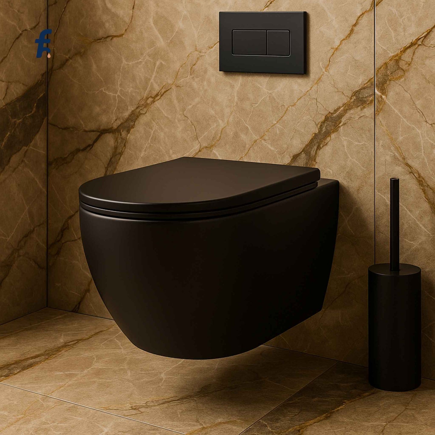 Black wall-mounted toilet in a bathroom with marble walls and a black toilet brush holder.