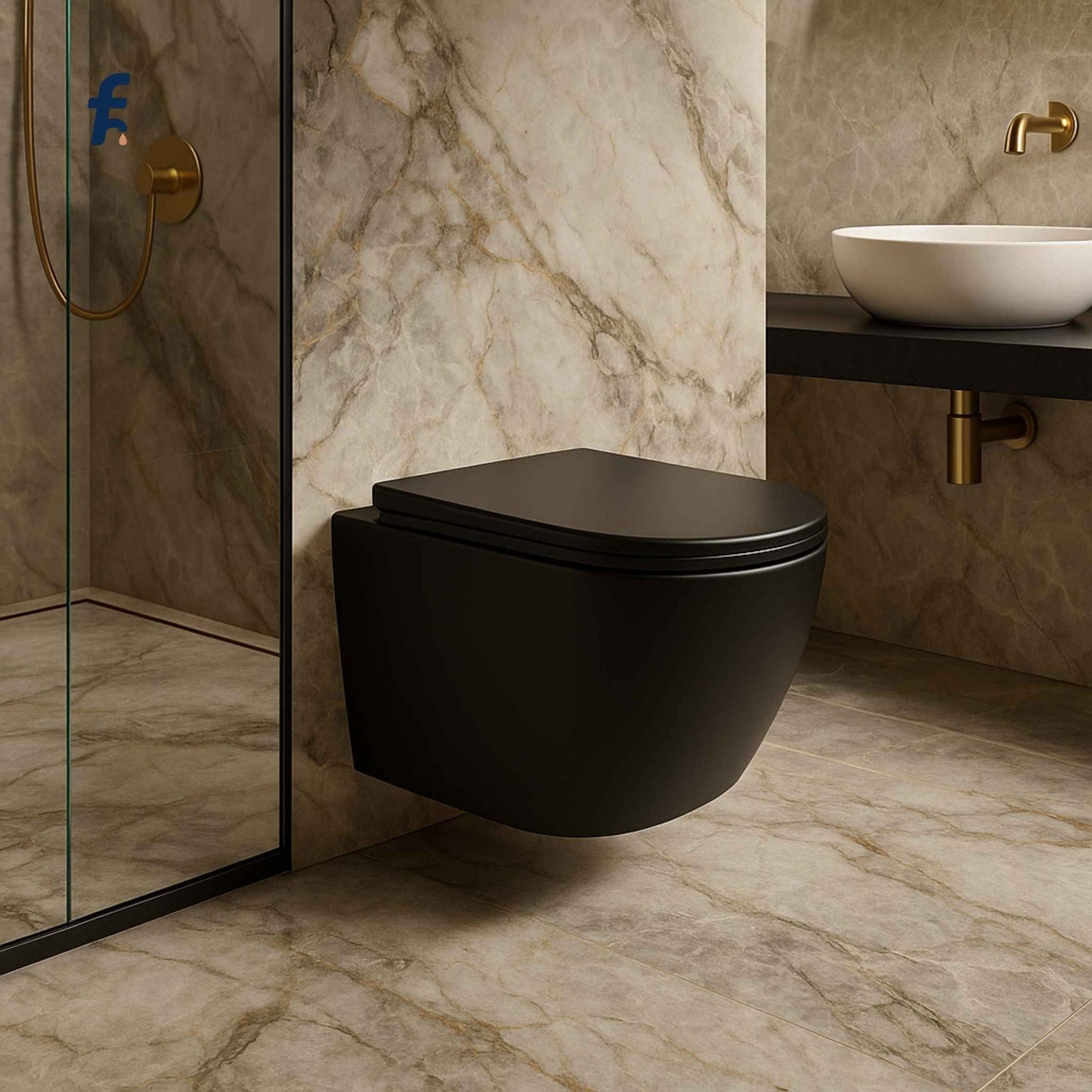 Black wall-mounted toilet in a bathroom with marble walls and a sink.