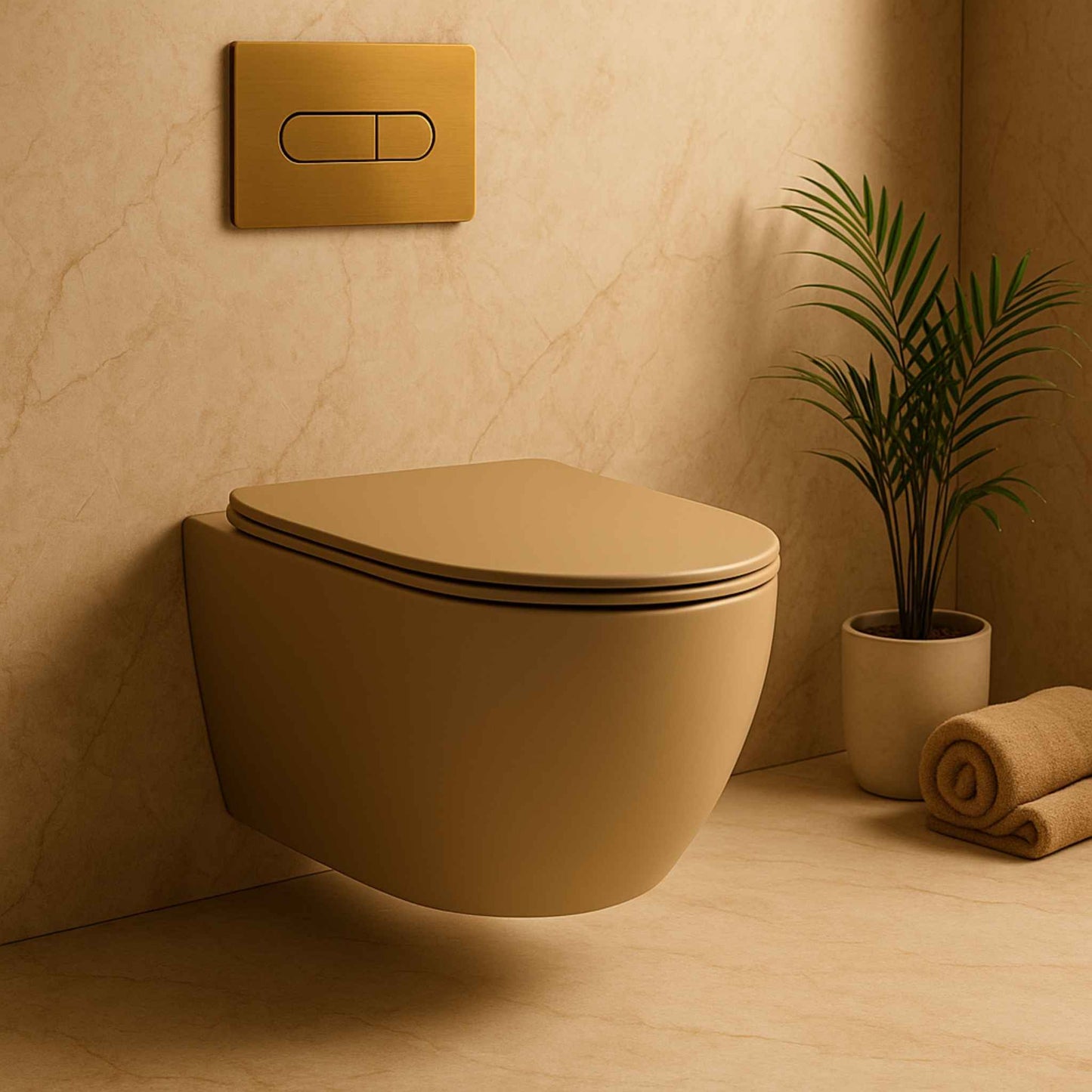Front angle view of R1 Khakhi wall hung toilet with matte finish in a luxury Italian marble bathroom