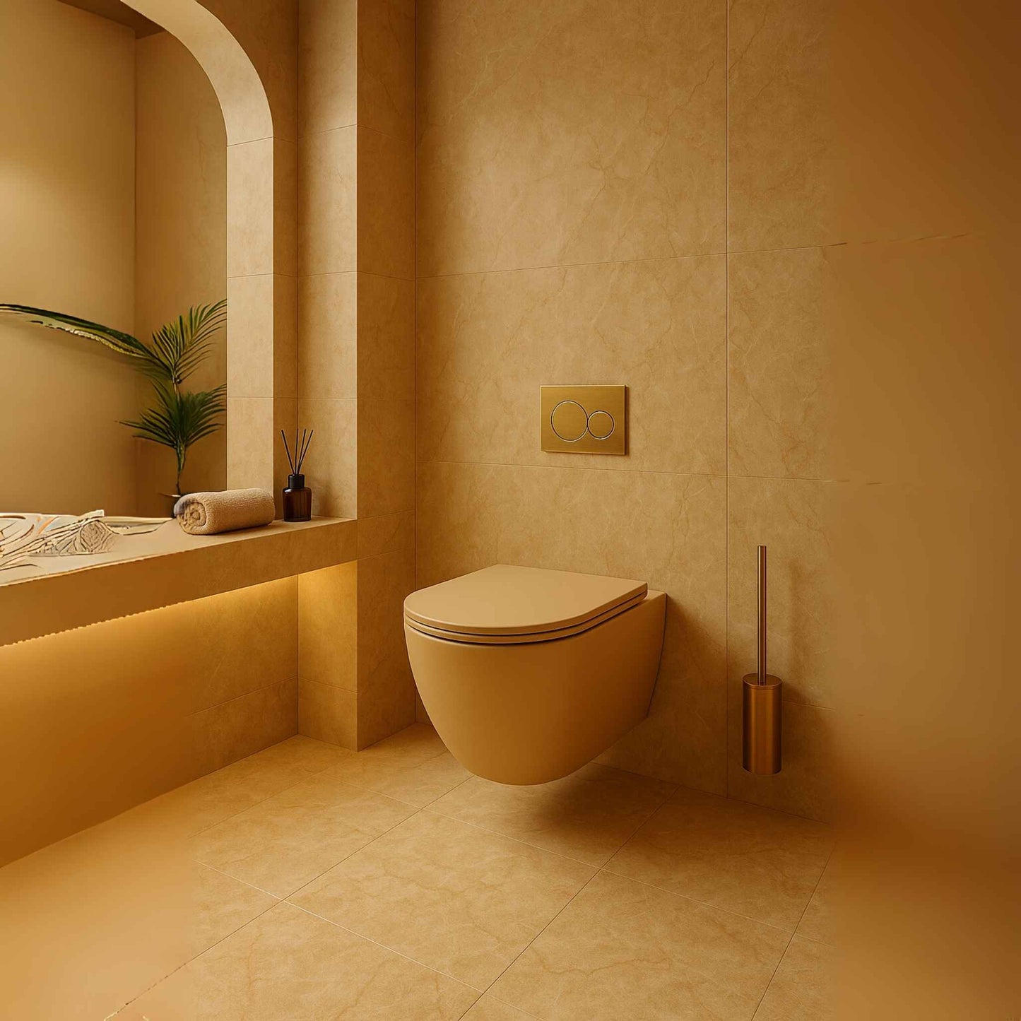 Luxurious full bathroom with R1 Khakhi wall mounted toilet placed against Italian marble