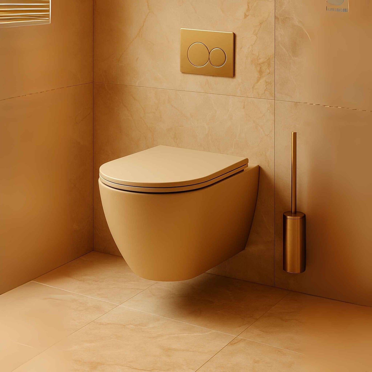 Top view of matte khakhi R1 toilet with soft close seat and wall hung design