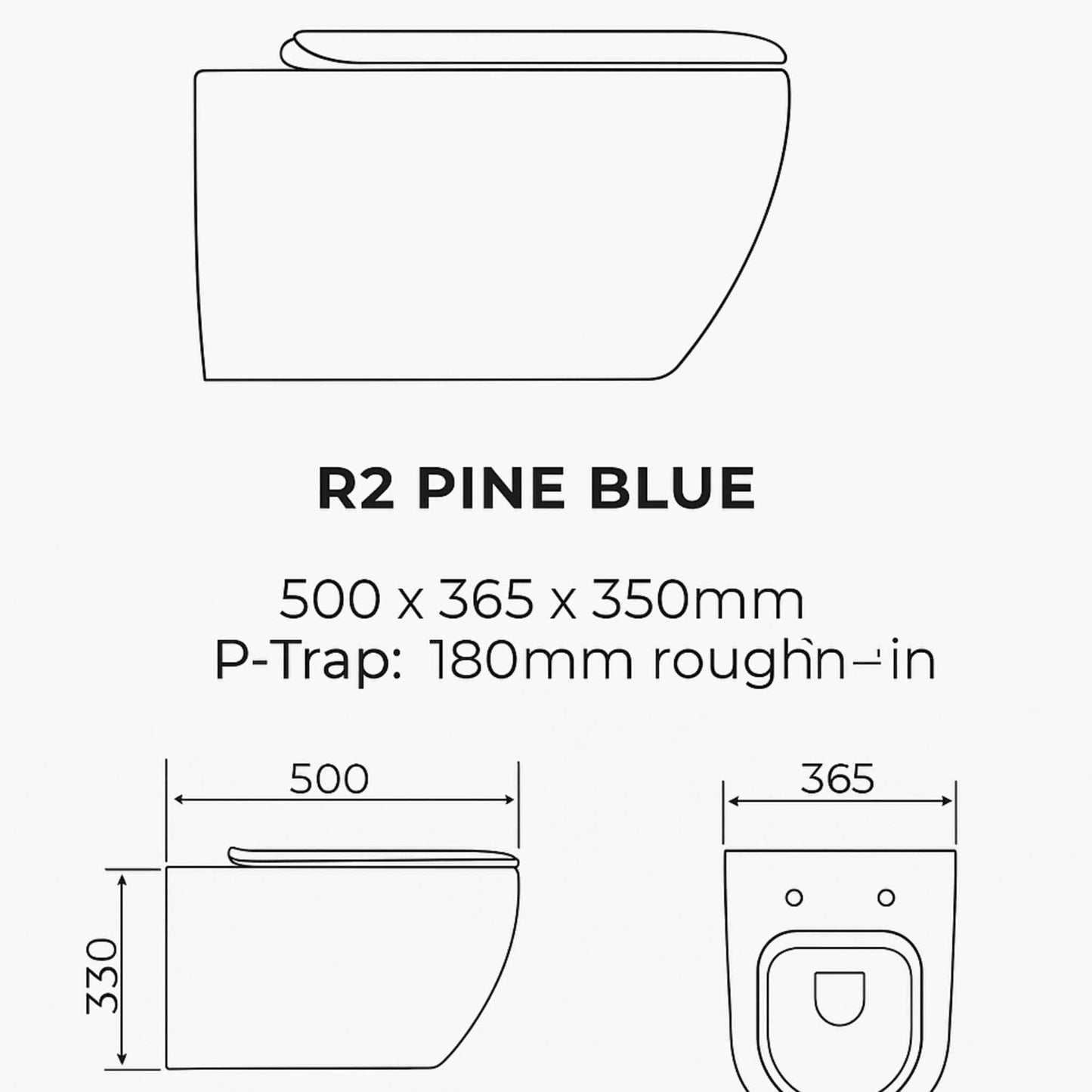 Technical drawing of a R2 Pine Blue toilet with dimensions and P-Trap information.
