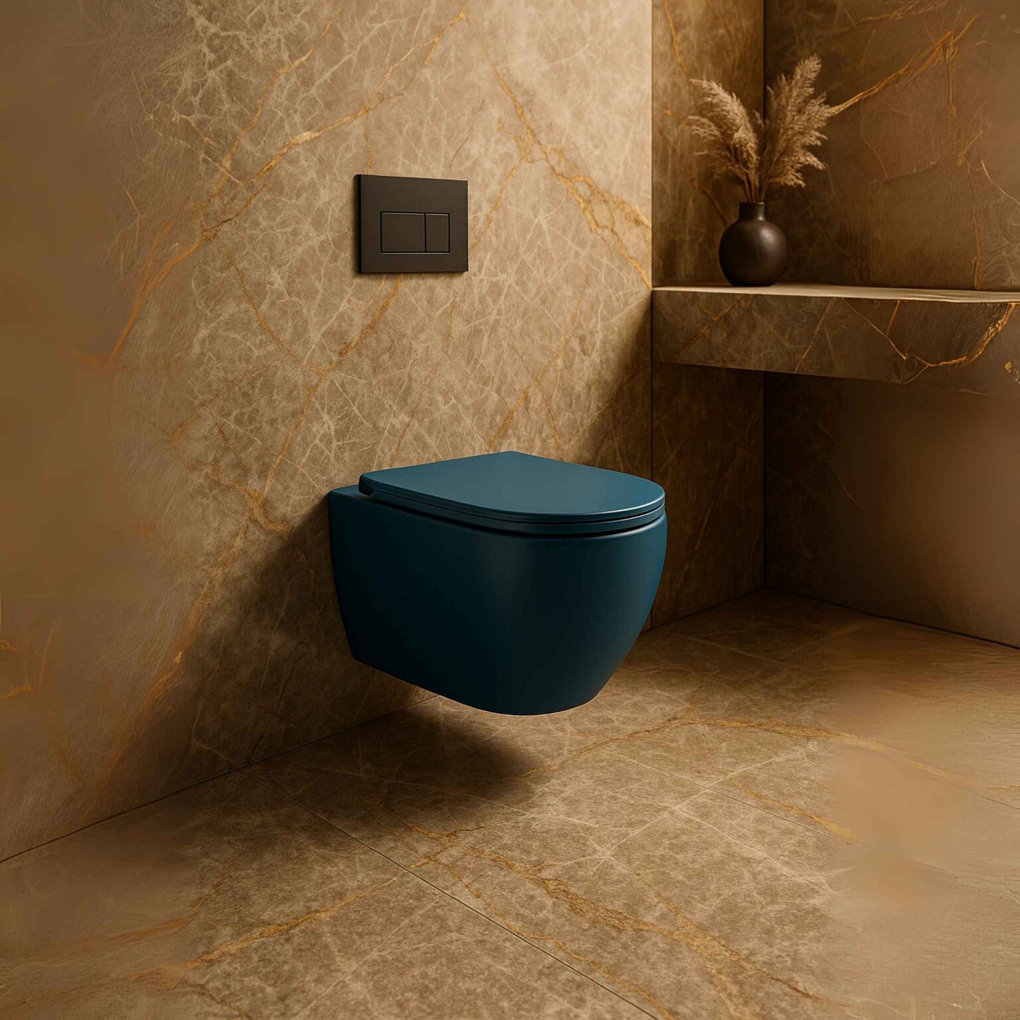 Side angle of R2 rimless toilet with matte finish and soft-close seat