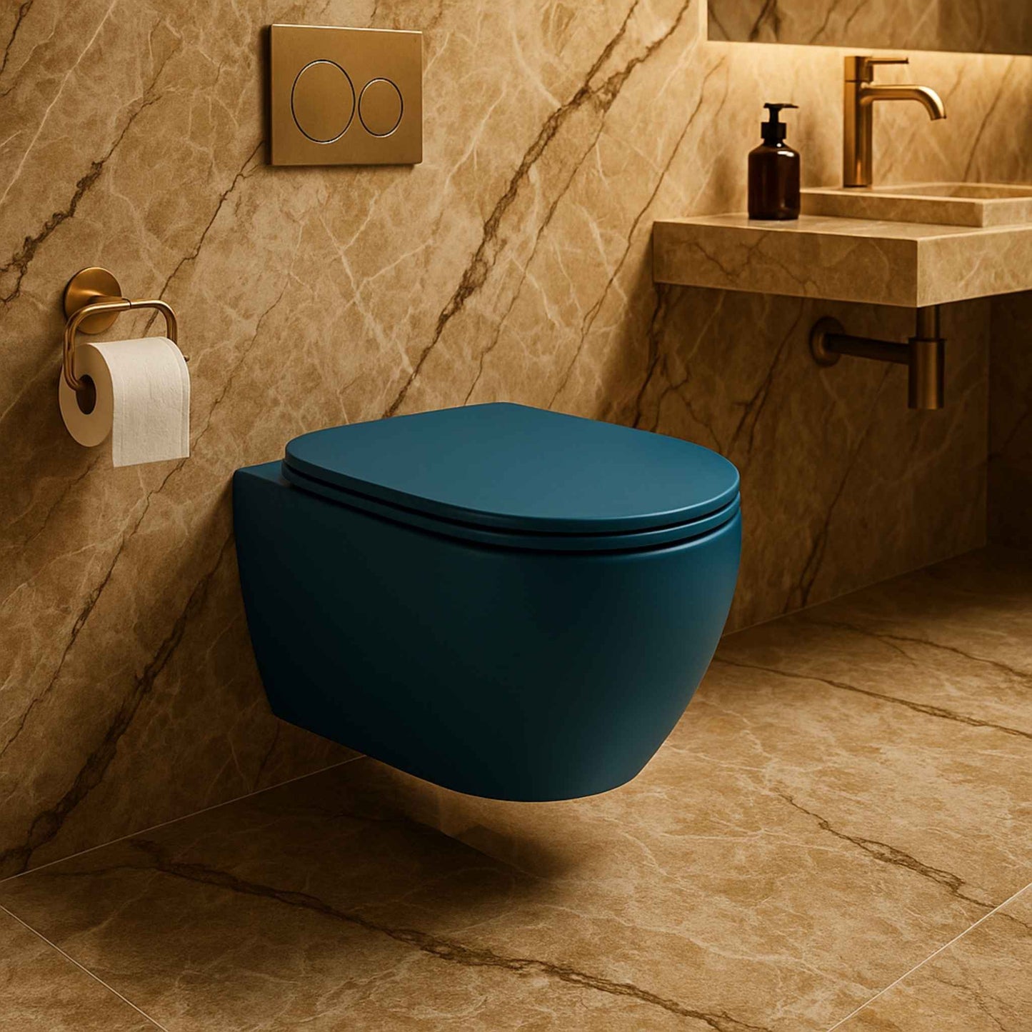 Top view of R2 designer wall-mounted WC in pine blue matte glaze