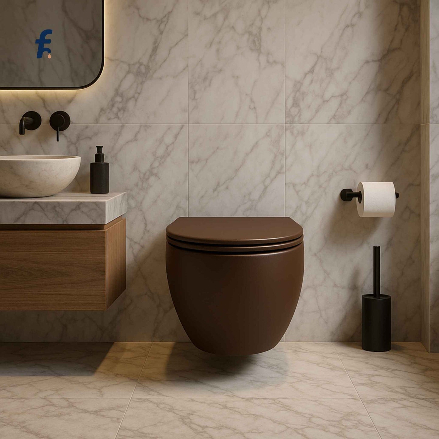 Modern bathroom with a brown toilet, sink, and toilet brush holder against a marble wall.