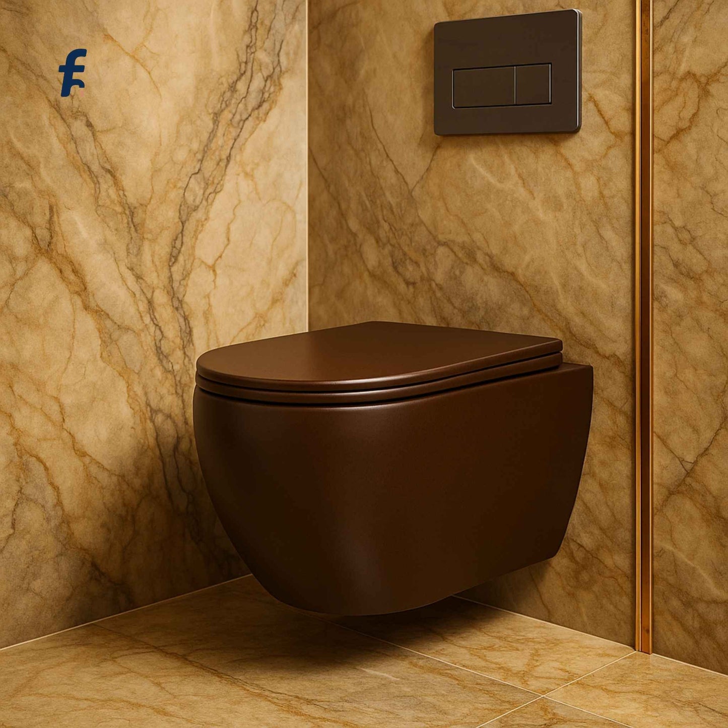 Brown wall-mounted toilet in a bathroom with marble walls and floor.