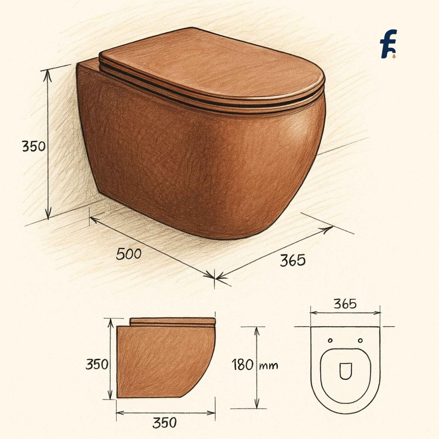 Wooden toilet seat with dimensions on a beige background