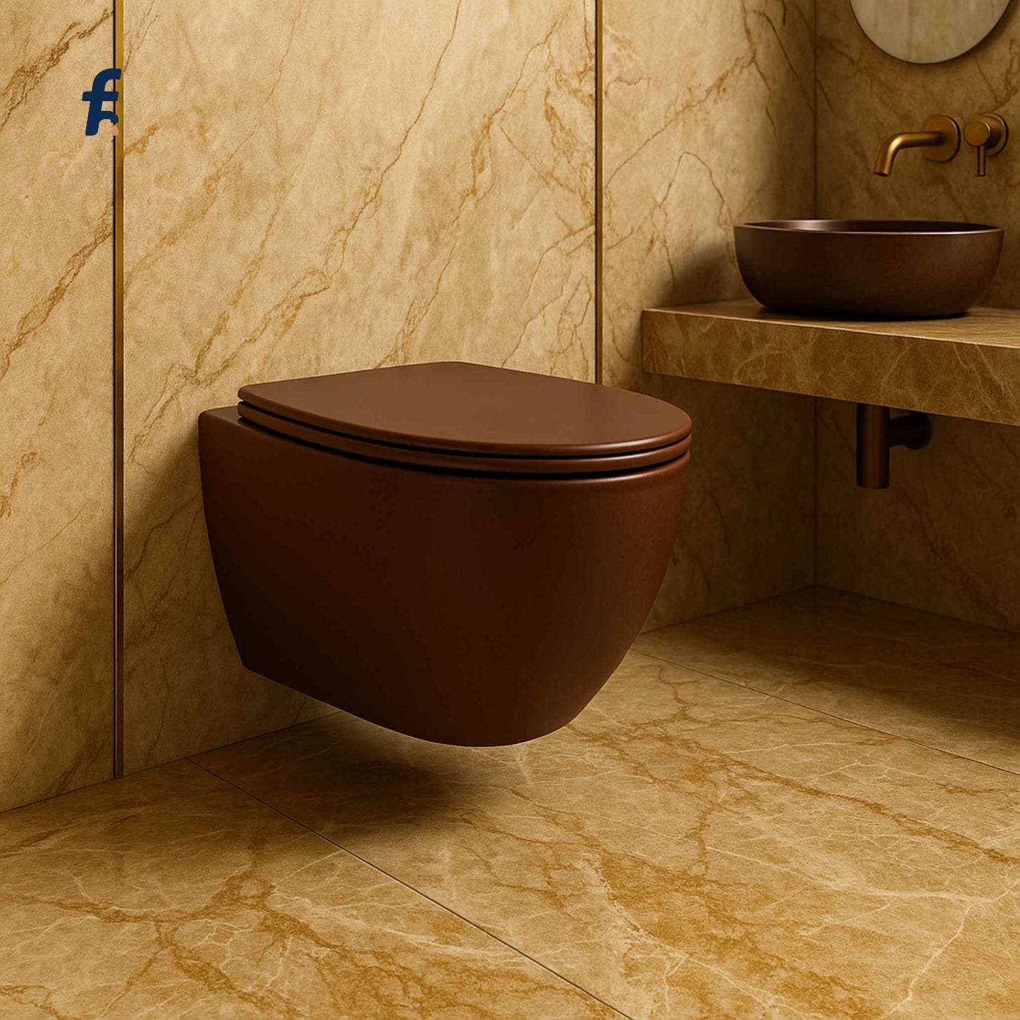 Brown wall-mounted toilet in a bathroom with marble walls and floor.
