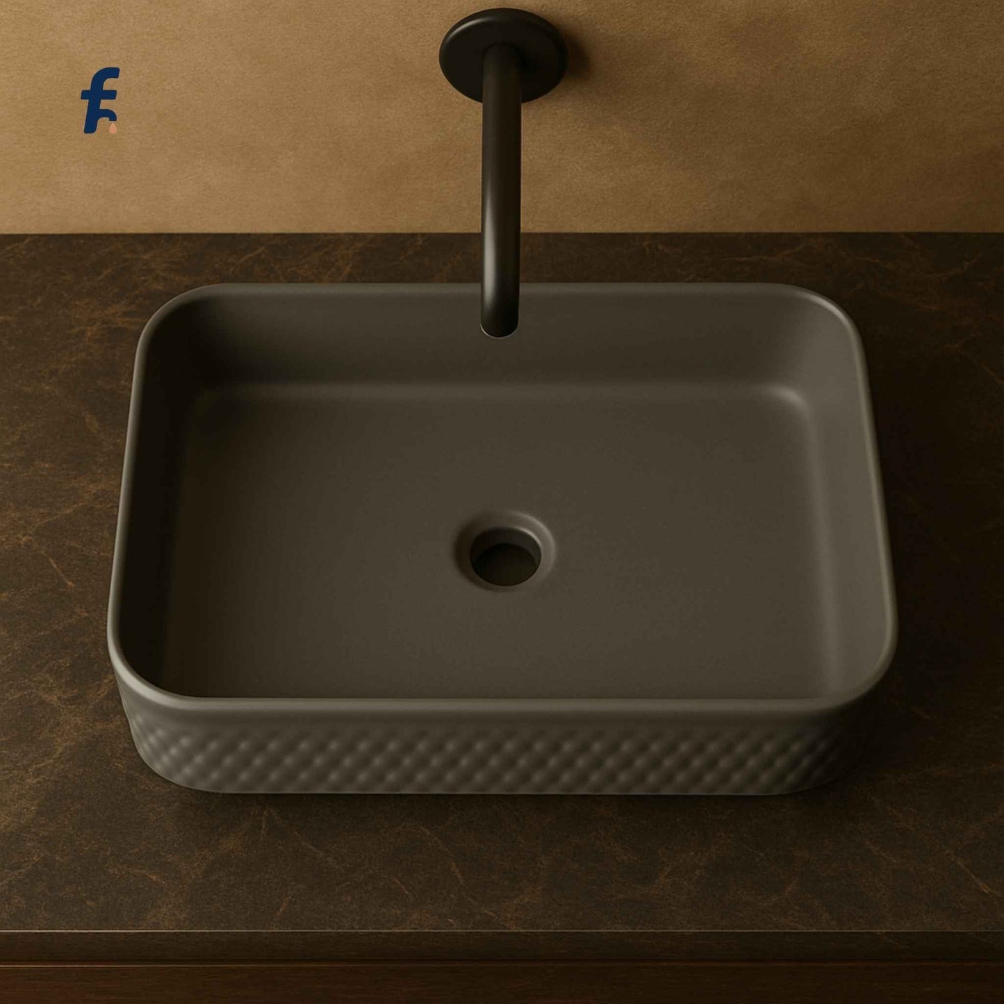 Top view of rectangular ceramic wash basin in matte finish