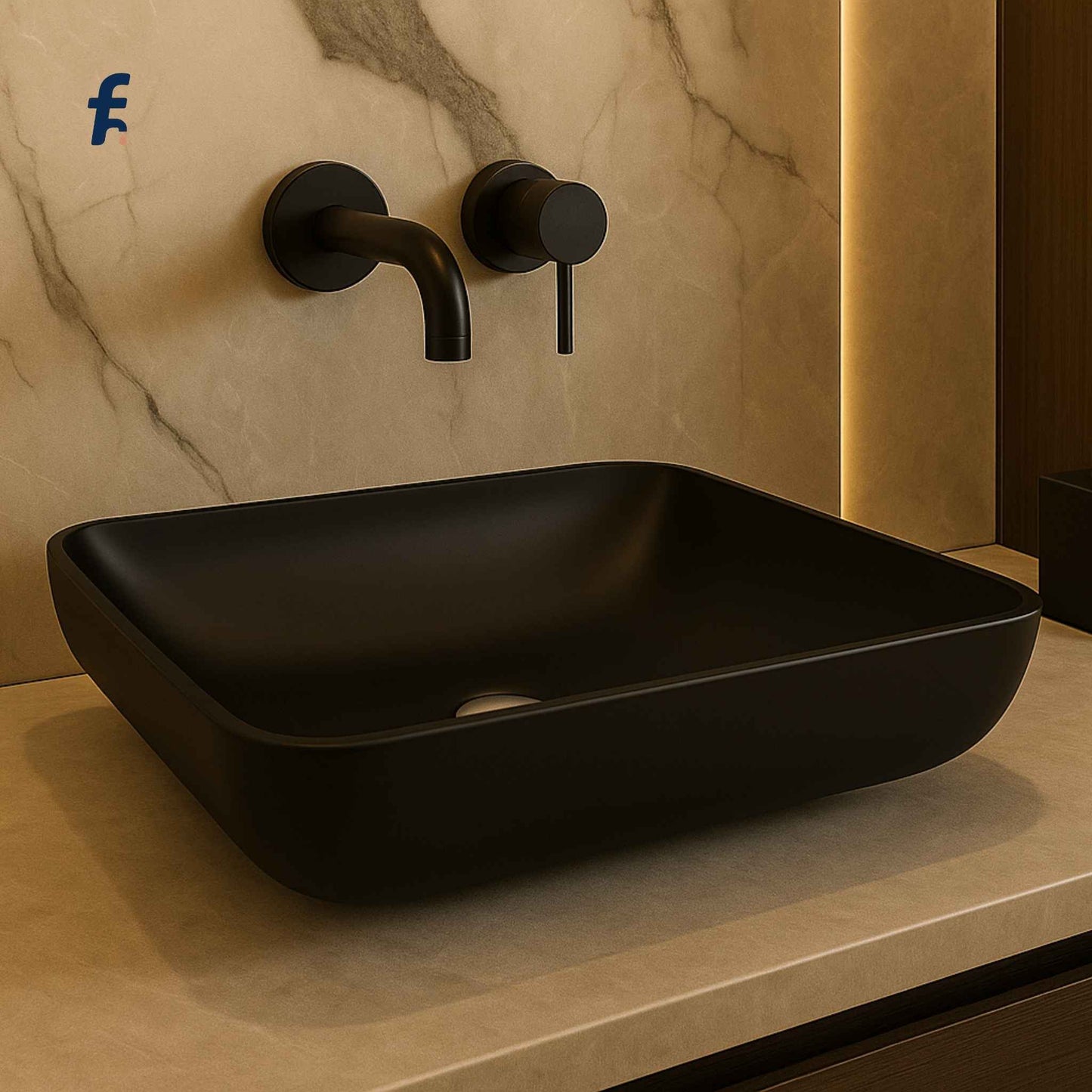 Rectangular black glass wash basin front angle view 560x360mm