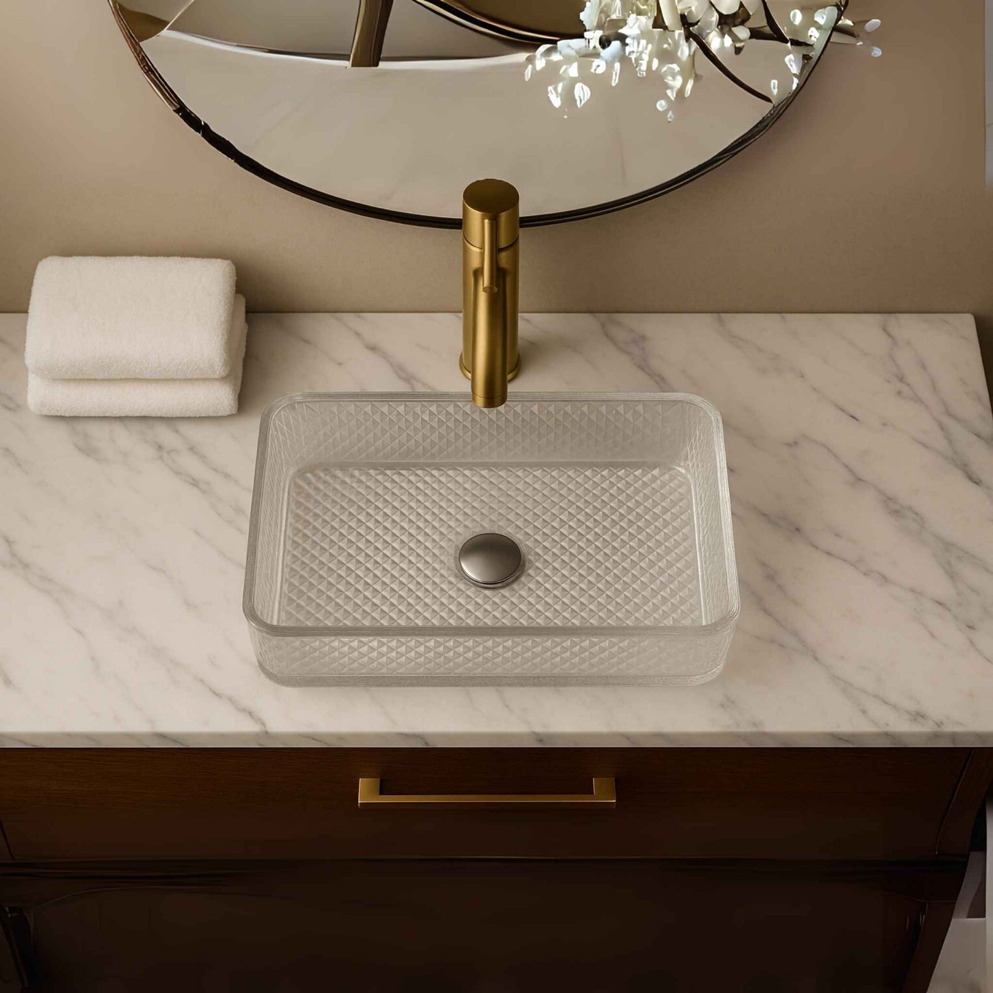 Top angle of transparent glass wash basin with textured finish on marble vanity – 445mm rectangular bowl sink