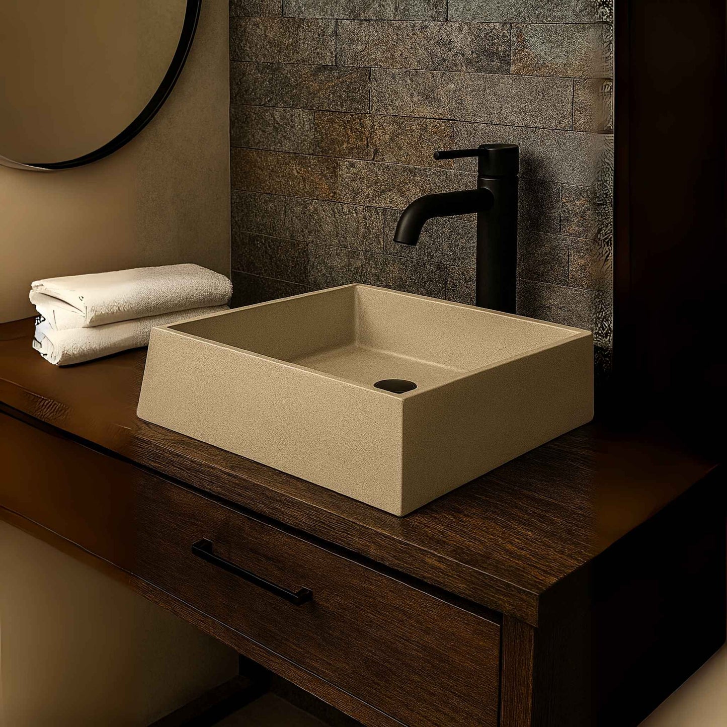 Front angle view of rectangular concrete wash basin in a rustic bathroom