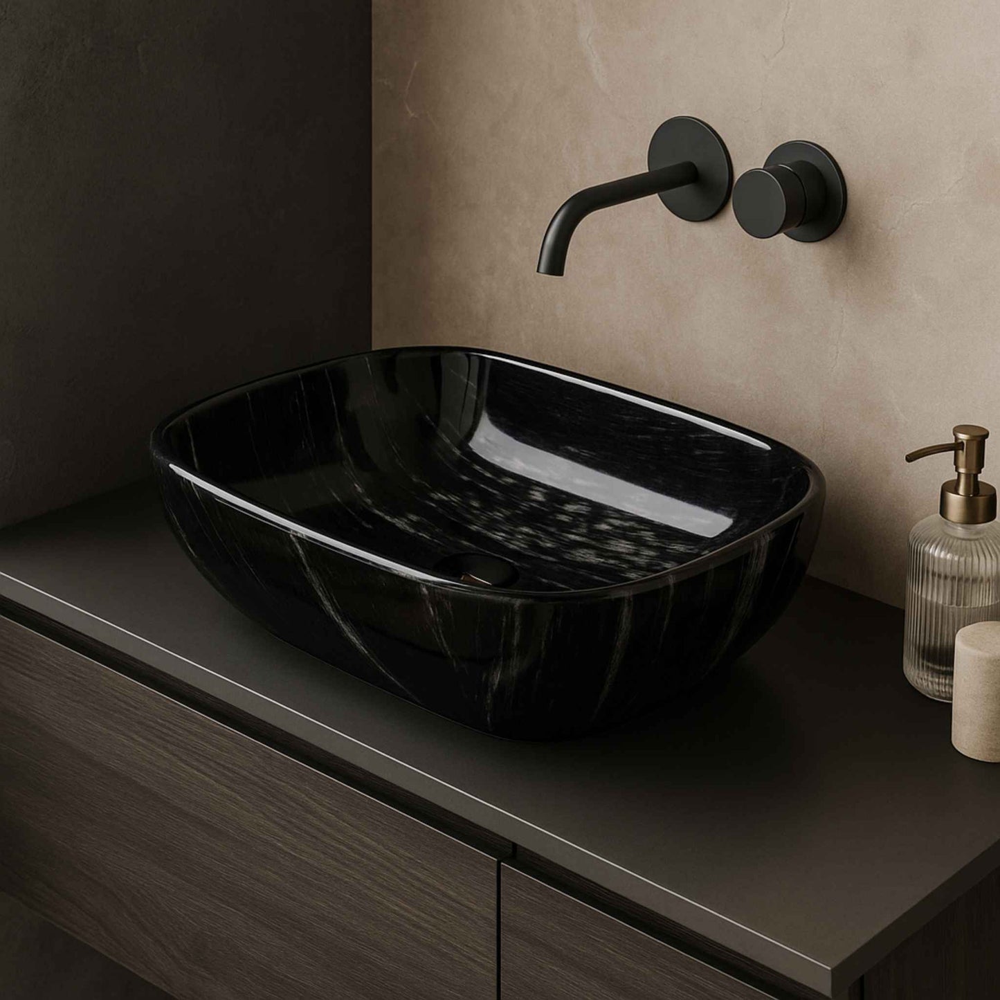 Side angle of high gloss black designer countertop sink in a modern bathroom