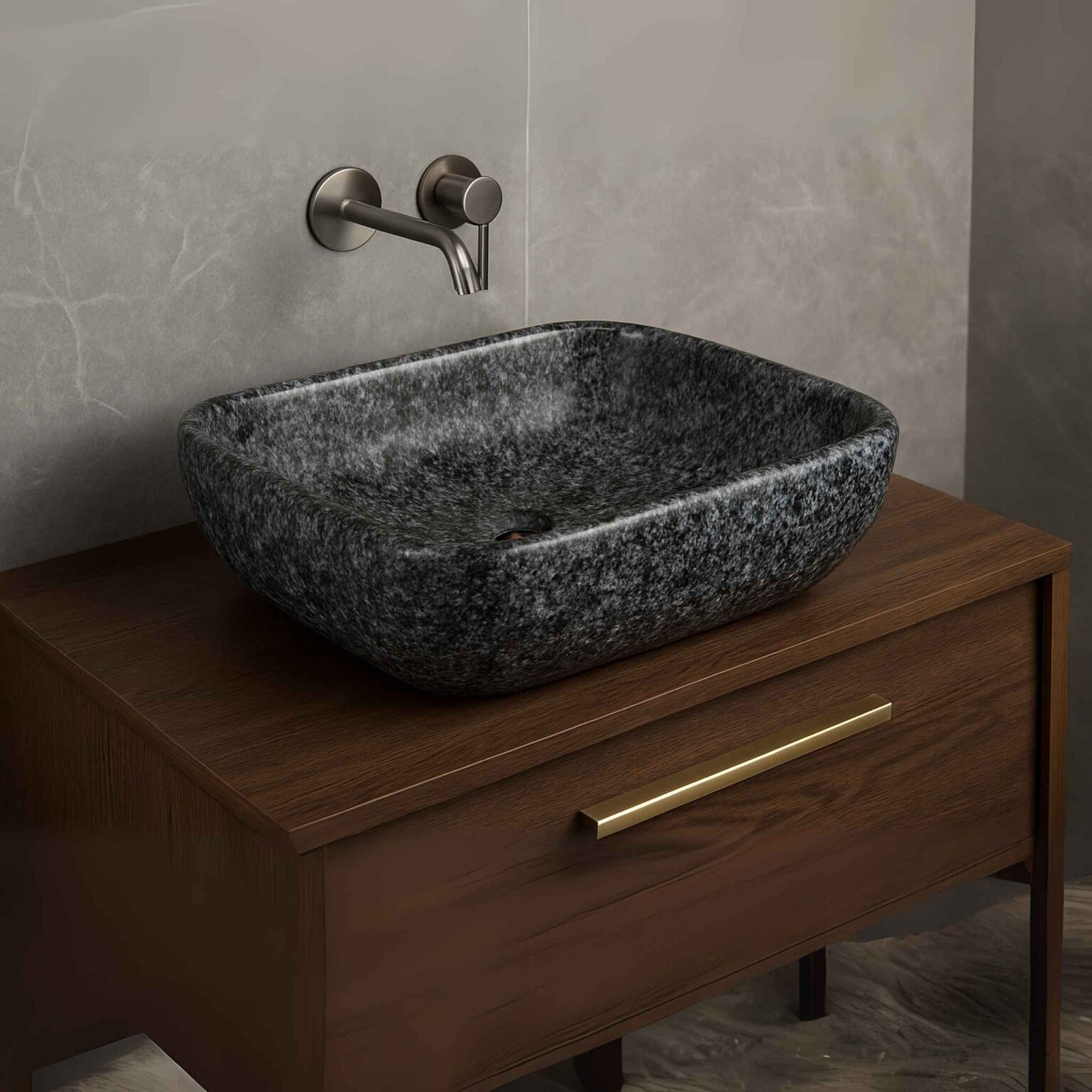 Rectangular granite-effect ceramic wash basin side angle
