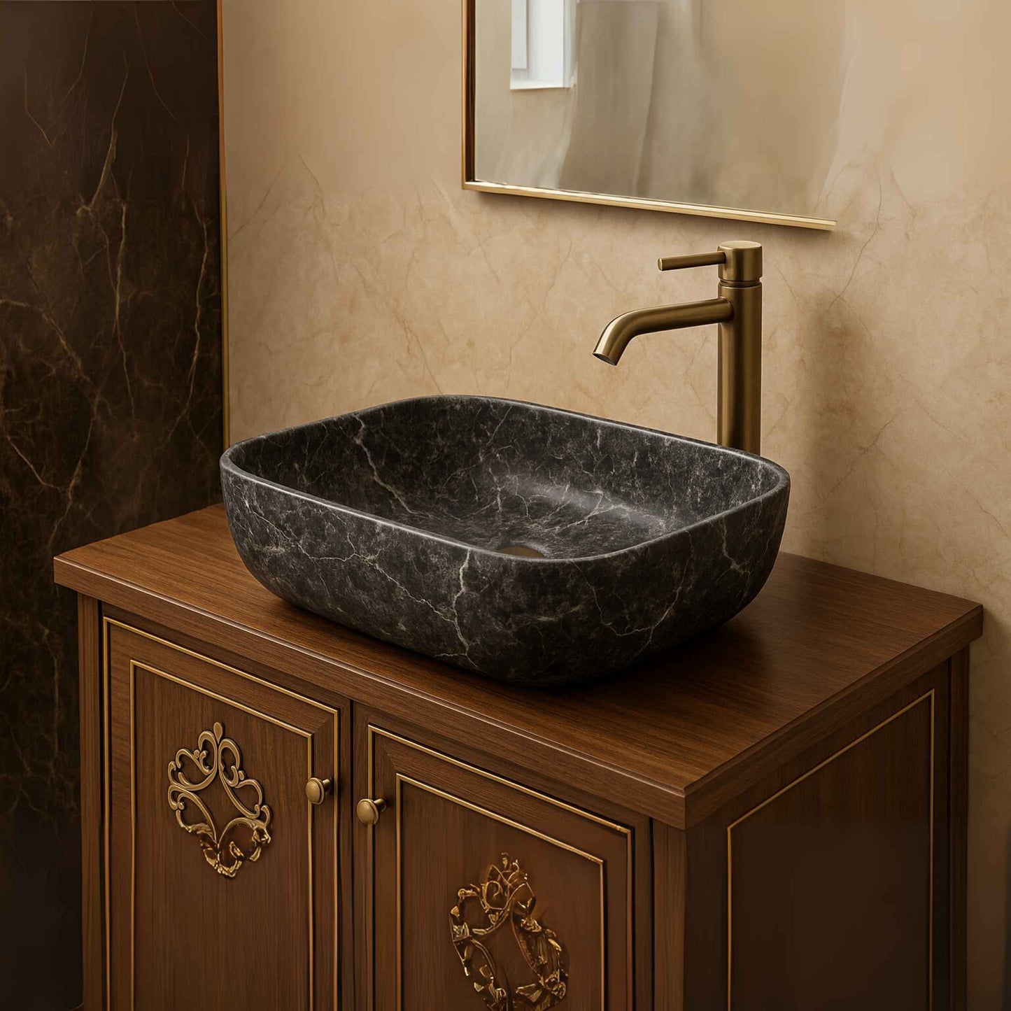 Side angle of grey marble countertop wash basin with white veining and ceramic finish