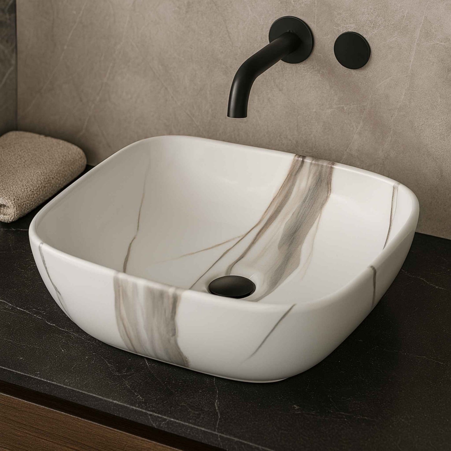 Side profile of white marble ceramic wash basin with natural veining placed on premium vanity