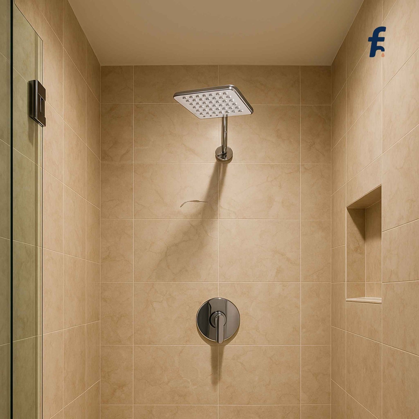 Shower head and control knob in a tiled shower enclosure, Rectangular sandwich shower head with arm installed in a beige marble luxury bathroom shower area