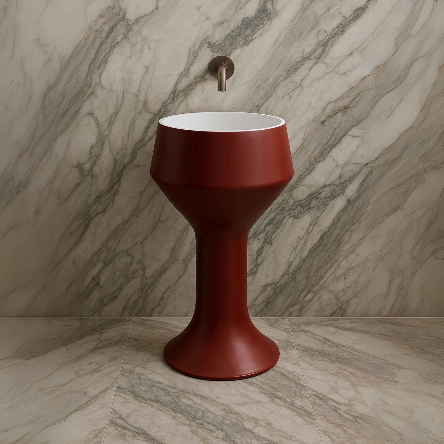 Front view of matte red wine pedestal basin with curvy hourglass shape