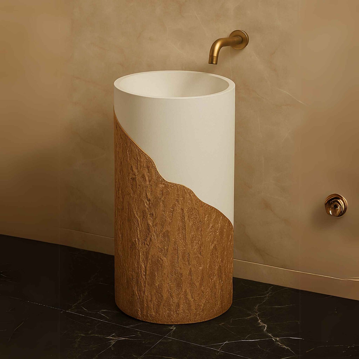 Ad-style display of sculpted pedestal basin with textured and smooth contrast.