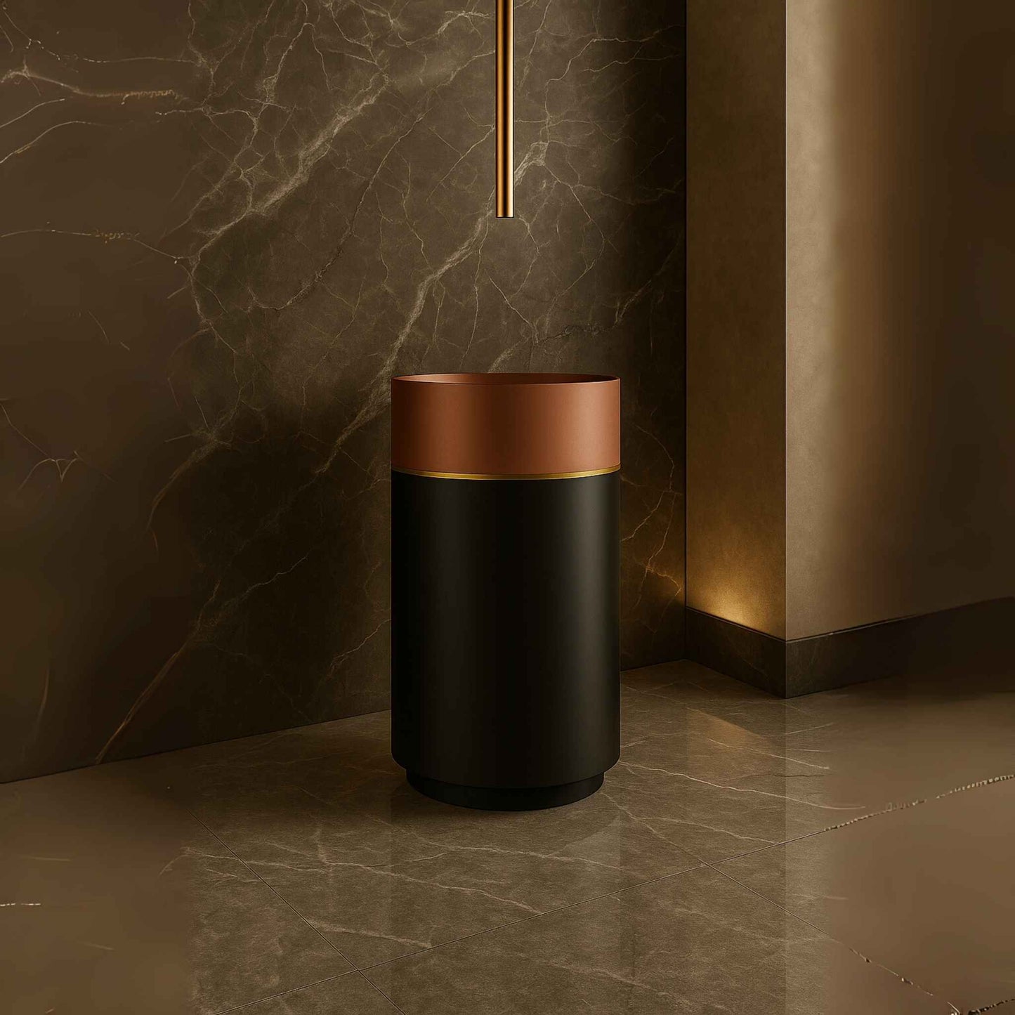 Front view of luxury rose gold and black freestanding pedestal basin
