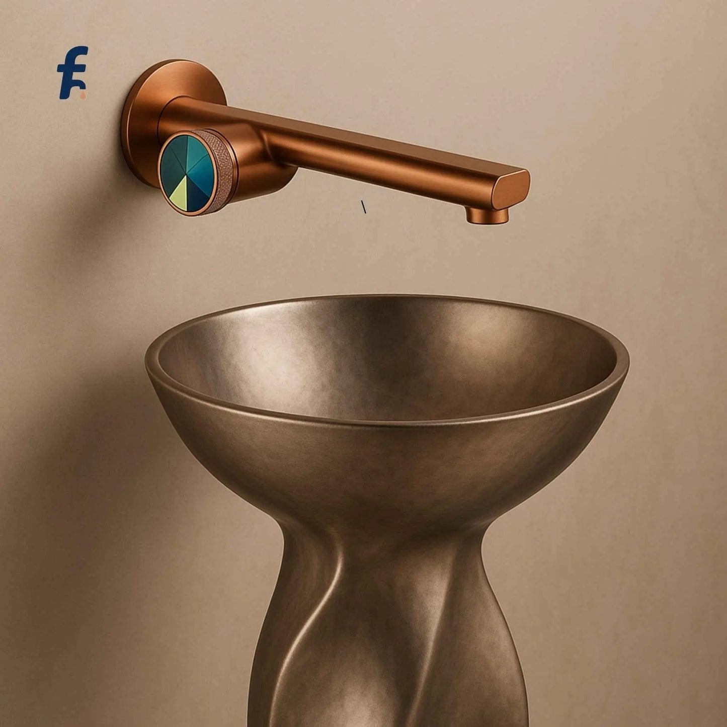 Bronze sink with a matching faucet on a beige background, Contemporary rose gold faucet for pedestal washbasin