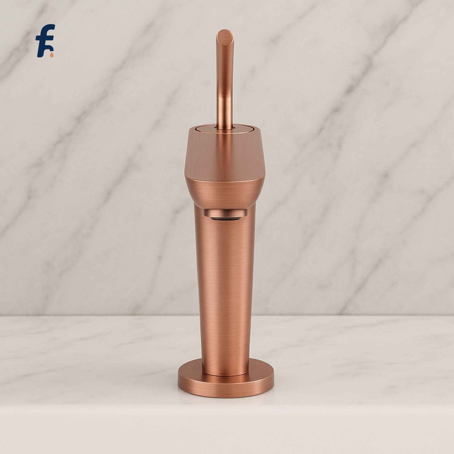Copper faucet on a marble background, Side angle of brushed rose gold faucet with water flowing into basin
