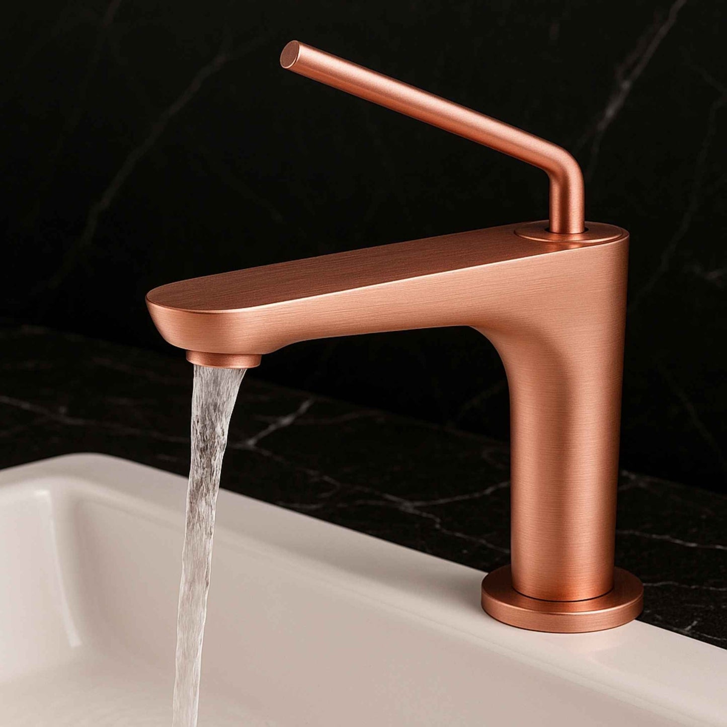 Copper faucet with water flowing into a sink against a dark marble background, Full vanity view with brushed rose gold faucet on luxury marble countertop
