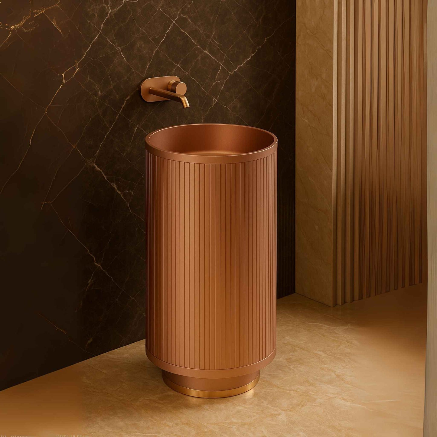 Side angle of rose gold basin with wall-mounted faucet