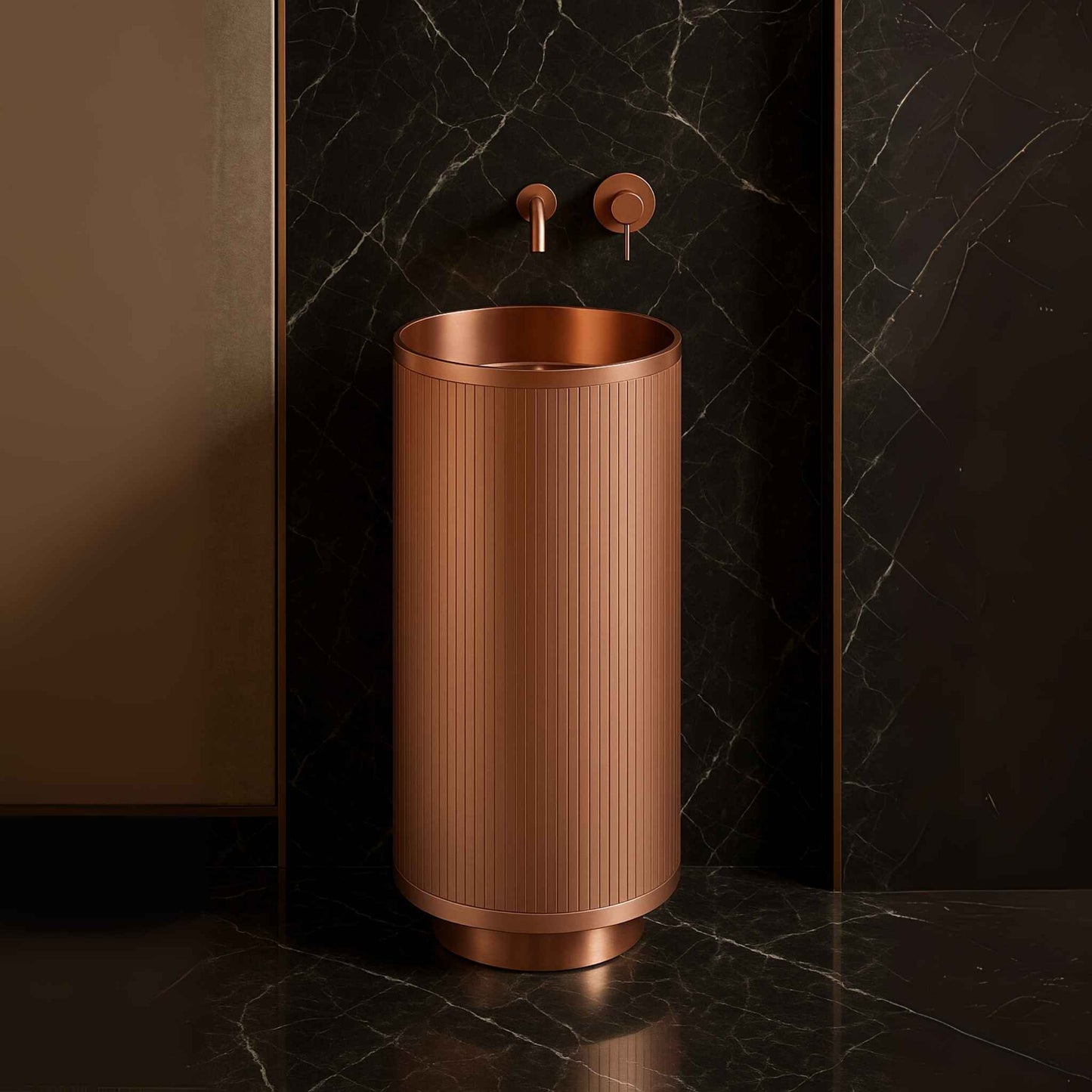 Rose gold fluted pedestal basin front view in luxury bathroom