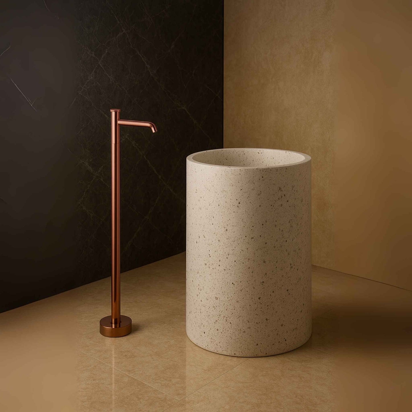 Front view of rose gold floor standing tap with designer bowl basin and pedestal