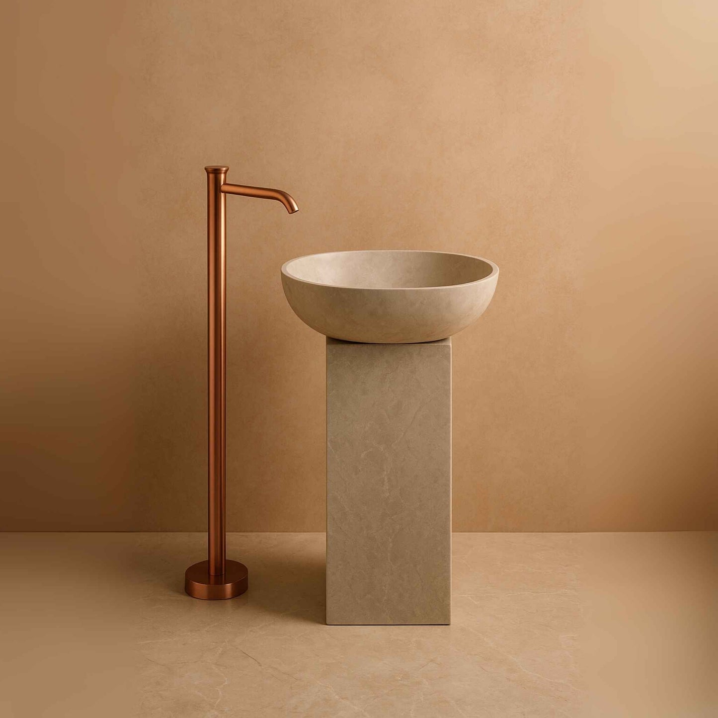 Side view of rose gold floor standing tap with designer bowl basin and pedestal