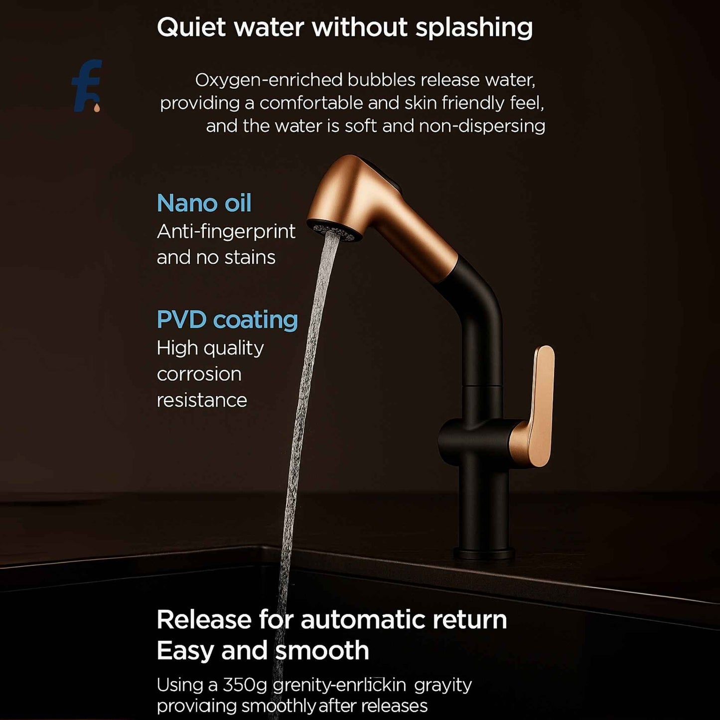 Modern faucet with water flowing, featuring text about its features on a dark background.