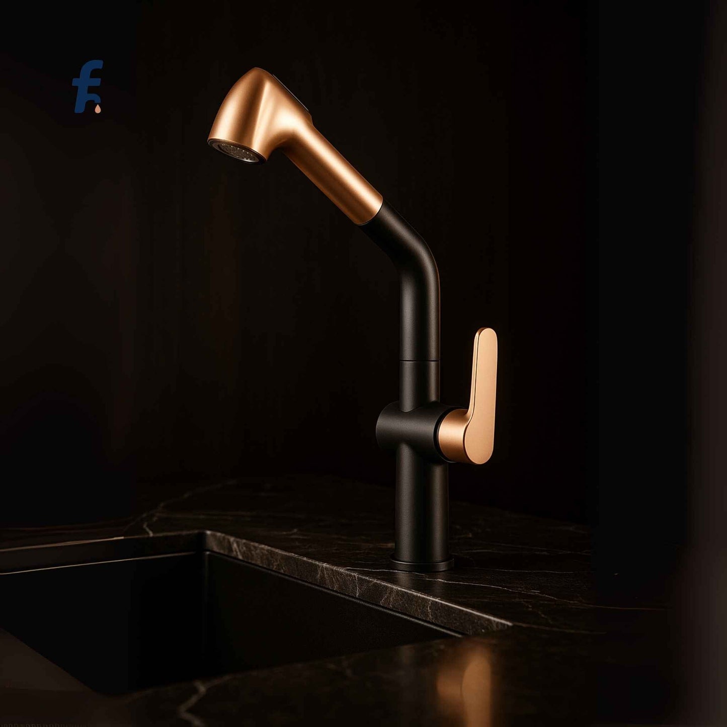 Black and bronze kitchen faucet on a dark countertop with a dark background
