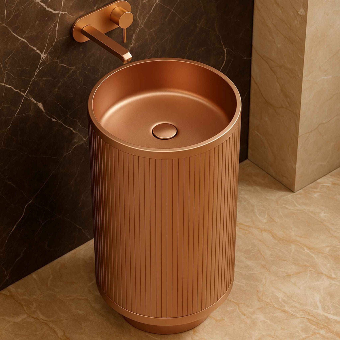 Top angle of rose gold fluted pedestal basin