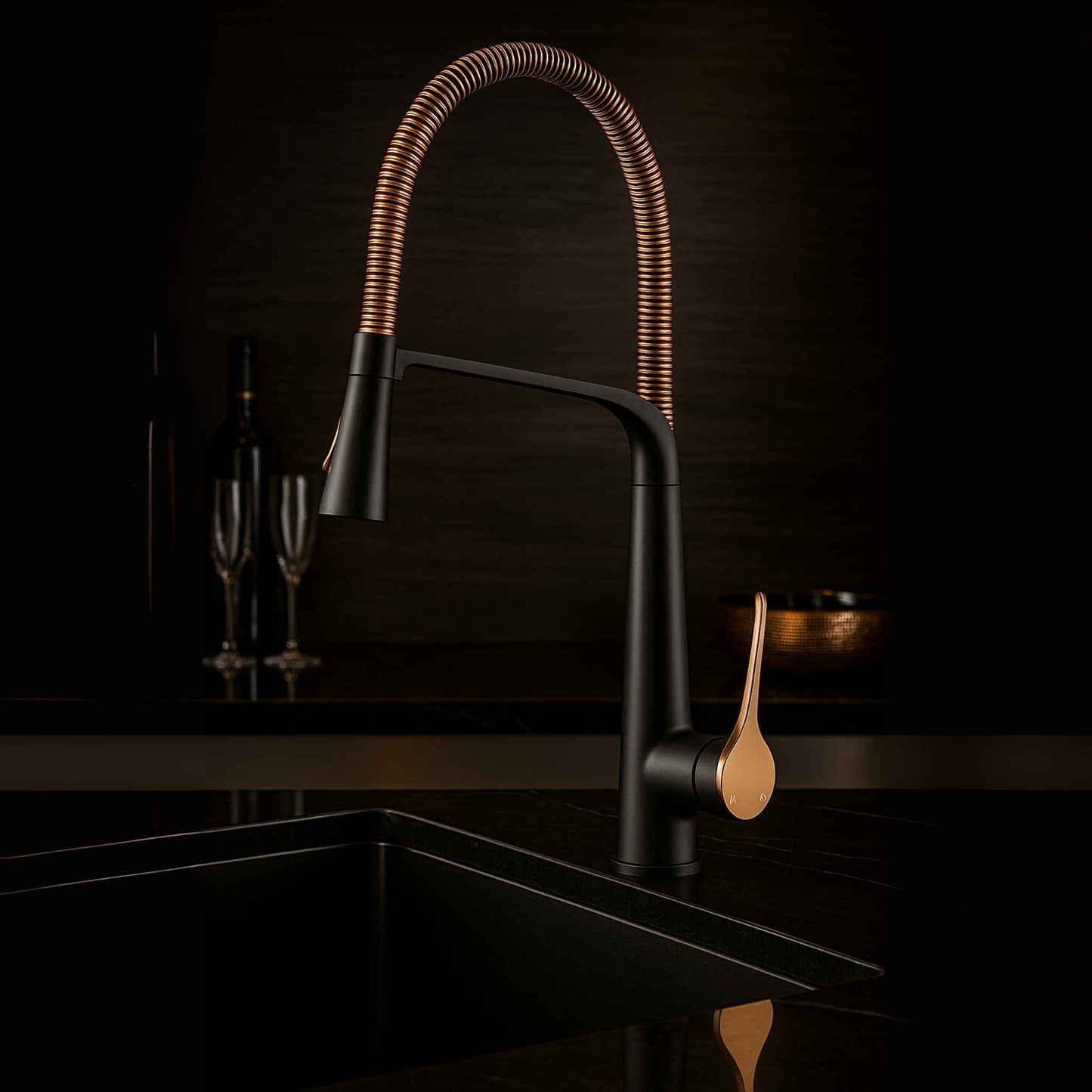 Front view of luxury rose gold pull-down kitchen faucet with matte black body and flexible coil neck in modern kitchen setting