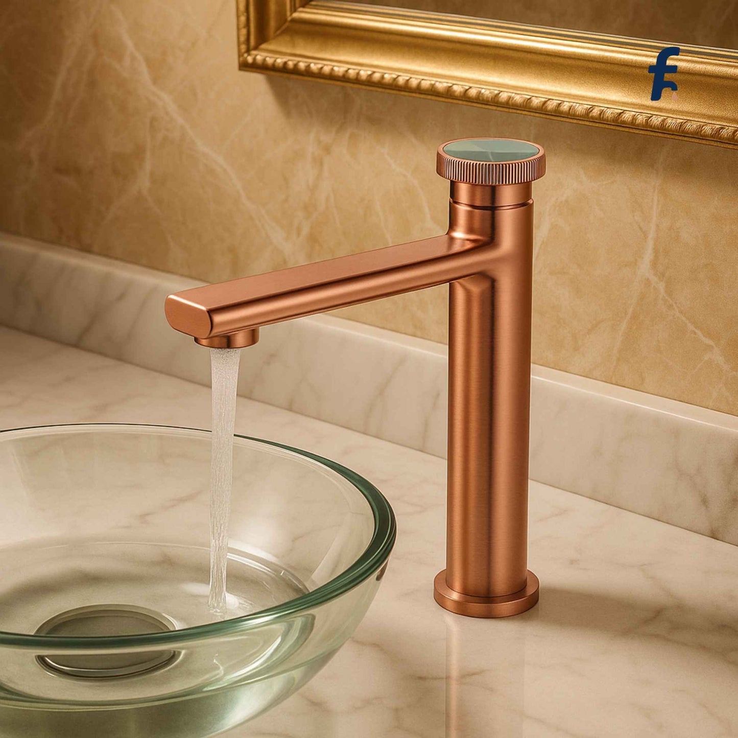 Copper faucet on a glass sink with a gold-framed mirror in the background, Luxury rose gold tall basin faucet front view