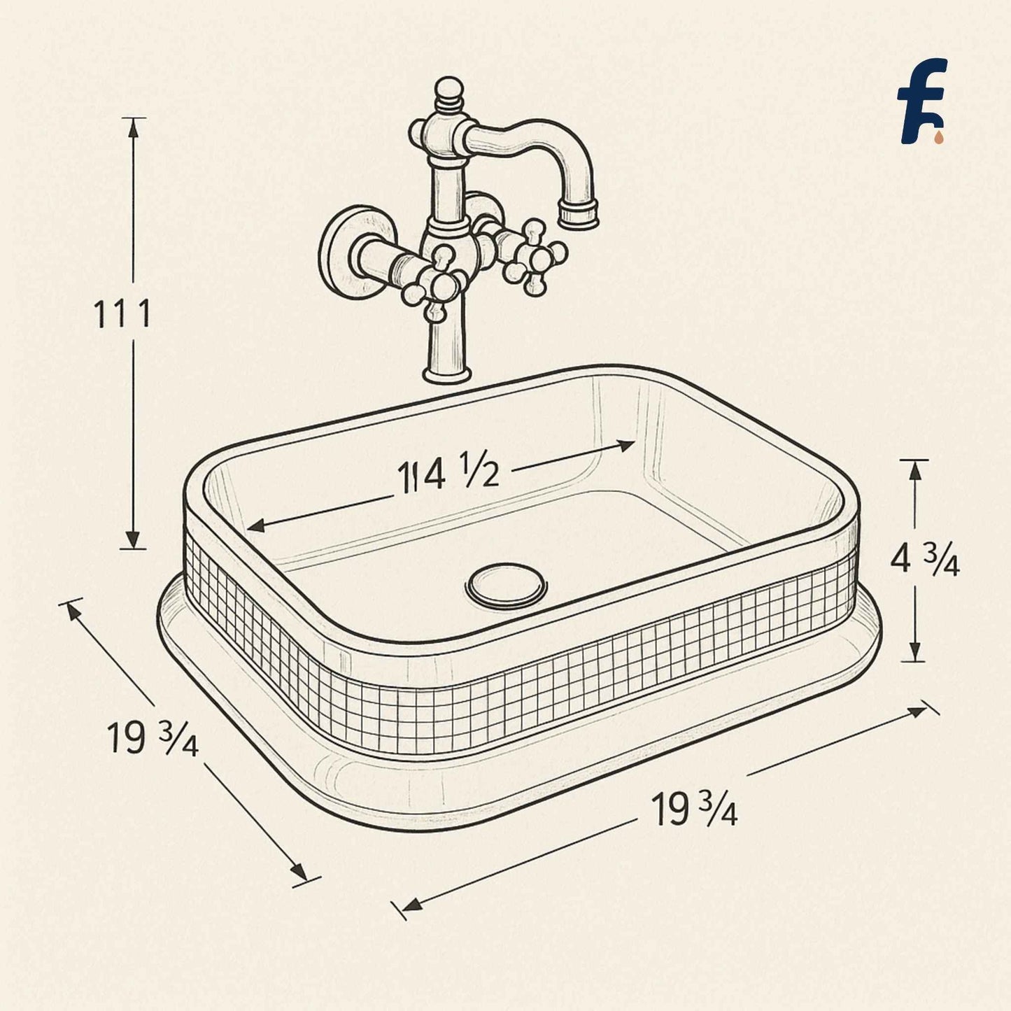 Technical drawing of a rectangular sink with dimensions labeled