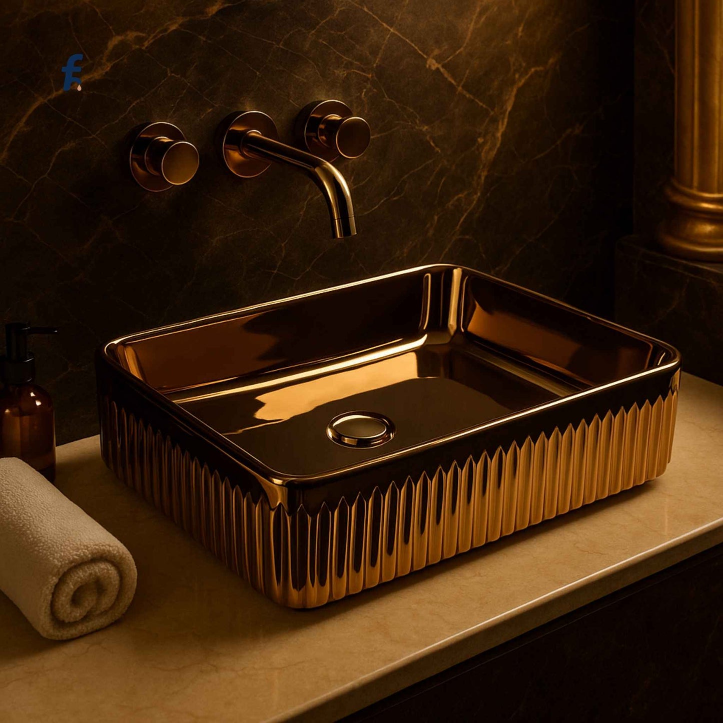 Gold rectangular sink with faucet on a marble wall