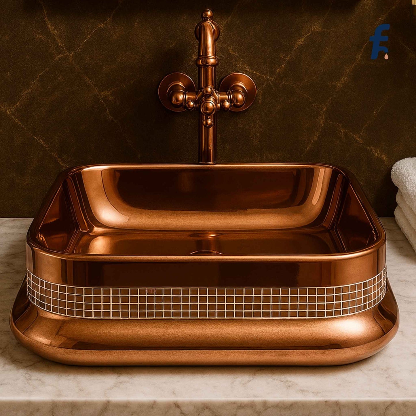 Luxurious bathroom with rose gold countertop wash basin
