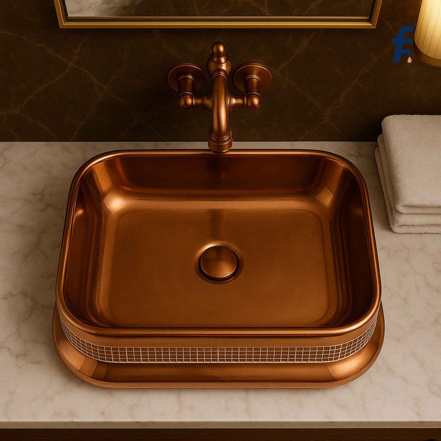 Top angle of rose gold rectangular countertop basin