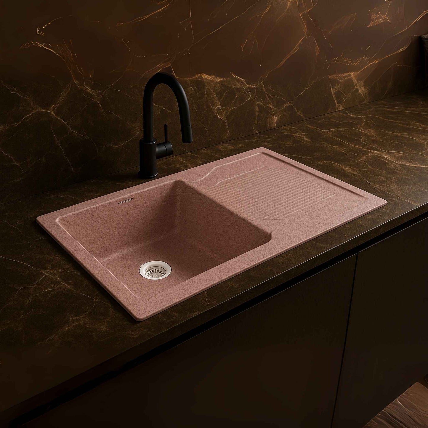 Front angle view of rose granite kitchen sink with drainer in luxury kitchen