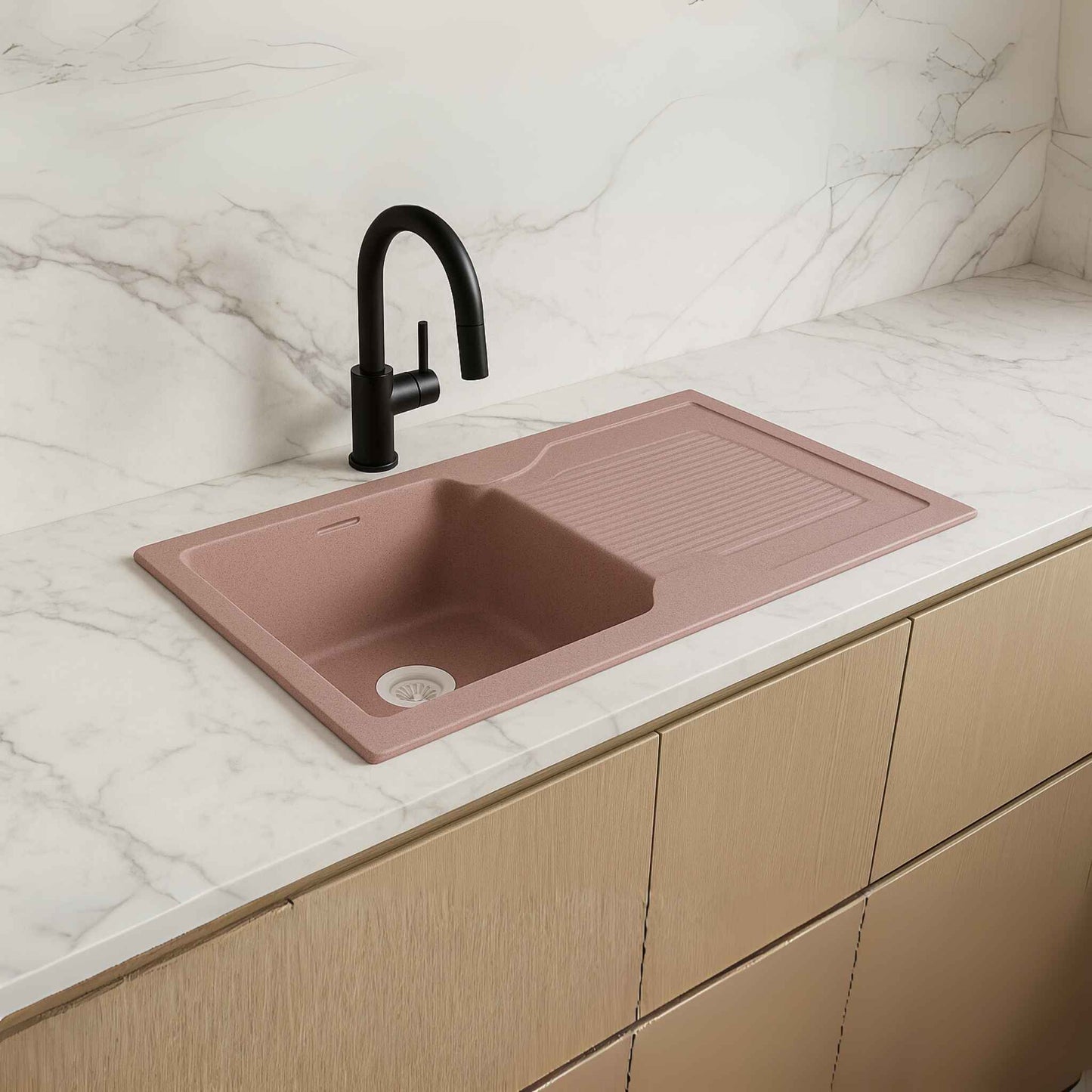 Side close-up angle of rose granite kitchen sink with elegant quartz finish