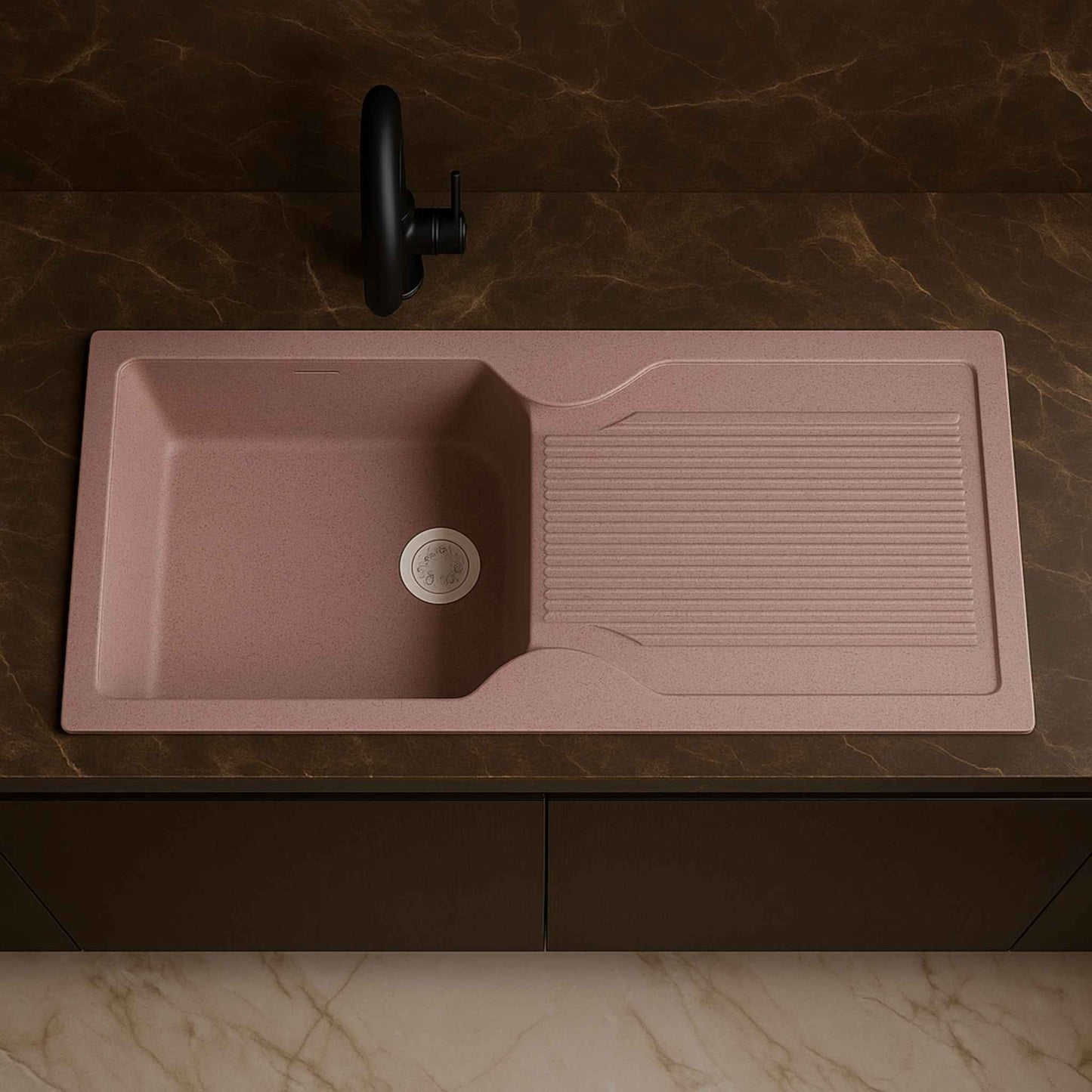 Rose granite kitchen sink in a luxury kitchen with Satvario white marble