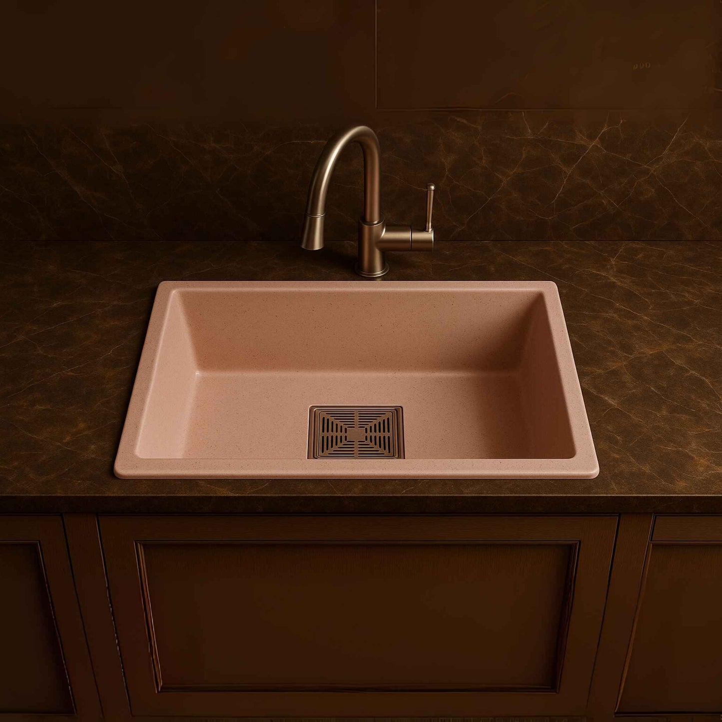 Front view of rose pink granite kitchen sink with square drain cover, 24x18x9 inch size